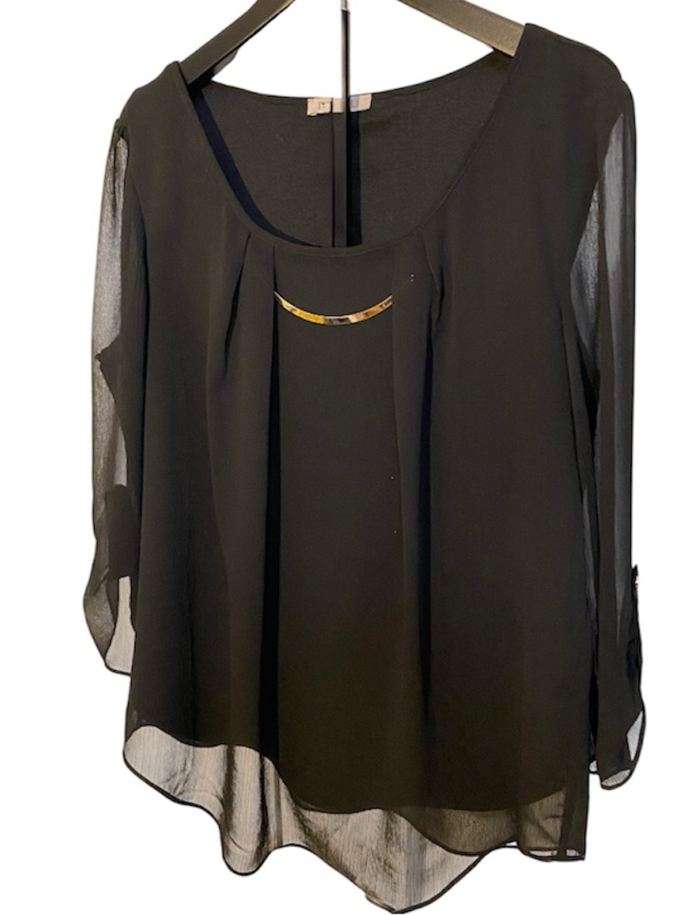 Roz & Ali Black Elegant Sheer Long-Sleeve Blouse with Gold Accent Size Large